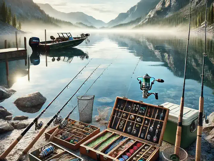 FINS Braid Fishing Line and tackle boxes beside a lake