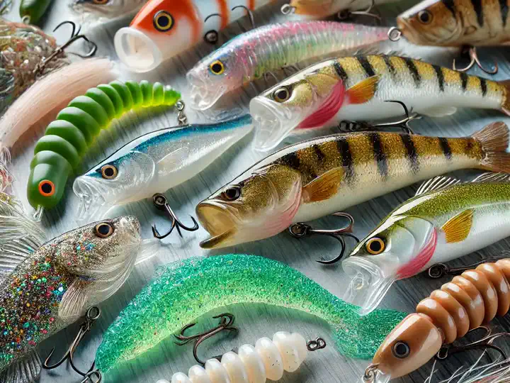 Assorted soft plastic fishing lures in multiple colors
